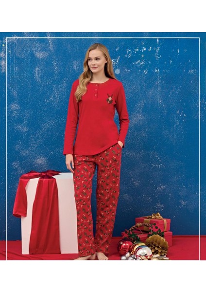 Bayan Kırmızı Uzun Kollu Pijama Takımı 3262