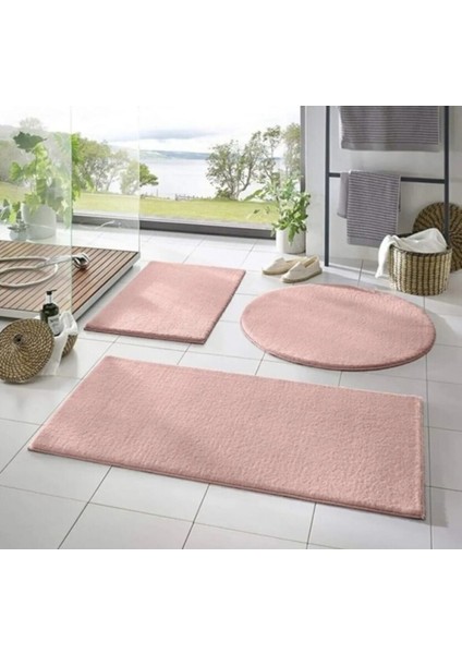 Yıkanabilir Kaymaz Taban Post Peluş Banyo Paspası Üçlü Takım Pembe