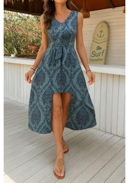V Yaka Desenli Süprem Tulum Elbise - Mavi