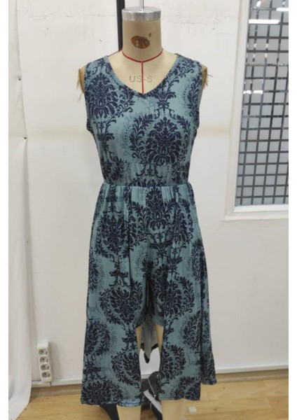 V Yaka Desenli Süprem Tulum Elbise - Mavi modelleri