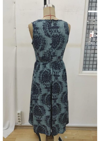 V Yaka Desenli Süprem Tulum Elbise - Mavi fırsatları