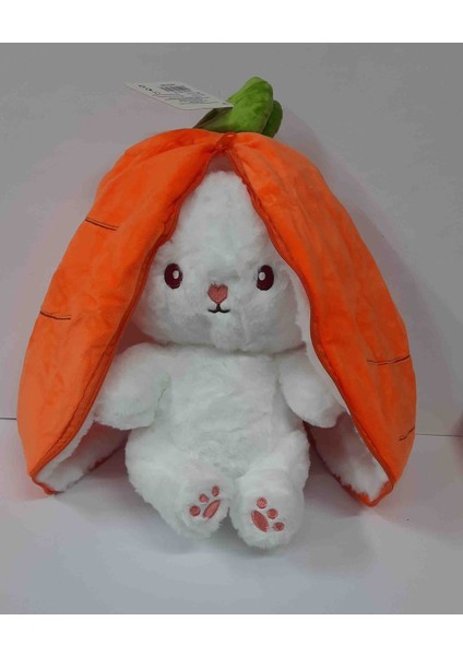 Meyveli Turuncu Havuç Yastık Olan Fermuarlı Tavşan Peluş Oyuncak 35 cm