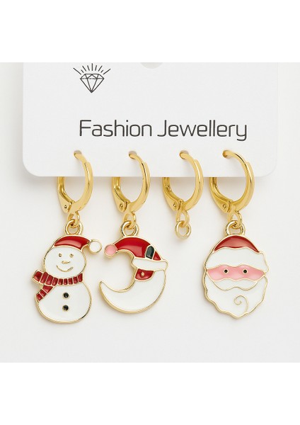 Yılbaşı Temalı 3’lü Küpe Seti – Kardan Adam, Ay ve Noel Baba Figürlü, Altın Kaplama Charm Küpeler