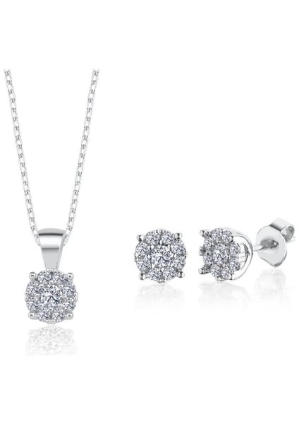 925 Ayar Kadın Gümüş Ikili Tektaş Takı Seti – 1.50 Karat Kolye ve Küpe,hediye Paketli