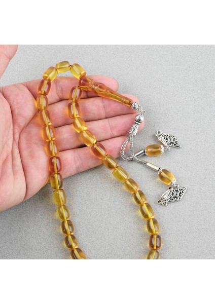 Ateş Kehribar Ayyıldız Işlemeli Imame Kapsül Kesim 9X11MM Tesbih - Sarı