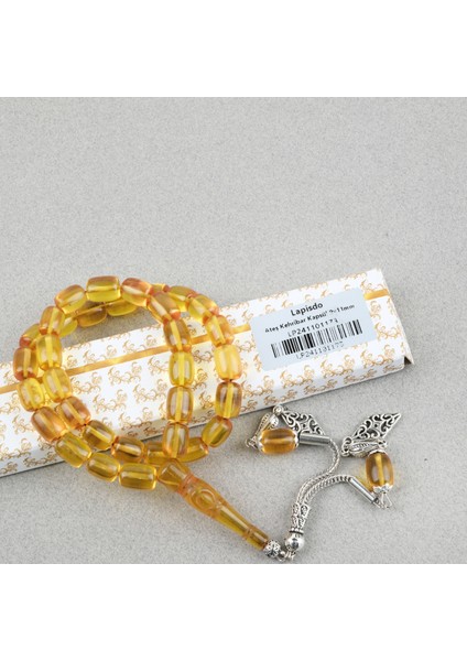 Ateş Kehribar Ayyıldız Işlemeli Imame Kapsül Kesim 9X11MM Tesbih - Sarı