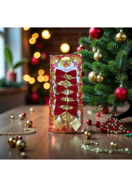 Kırmızı & Gold Fiyonk Yılbaşı Süs Seti (6 Parça)