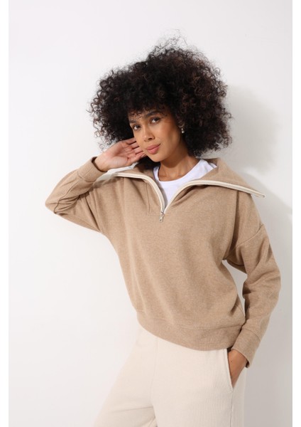 Kamel Selanik Kumaş Şal Yaka Oversize Fermuarlı Kadın Sweatshirt - 2441