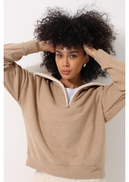 Kamel Selanik Kumaş Şal Yaka Oversize Fermuarlı Kadın Sweatshirt - 2441 fiyatları