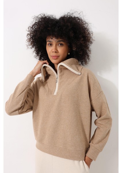 Kamel Selanik Kumaş Şal Yaka Oversize Fermuarlı Kadın Sweatshirt - 2441 modelleri