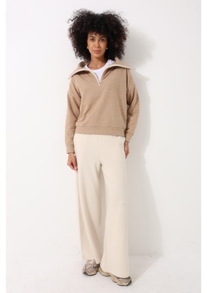 Kamel Selanik Kumaş Şal Yaka Oversize Fermuarlı Kadın Sweatshirt - 2441 fırsatları