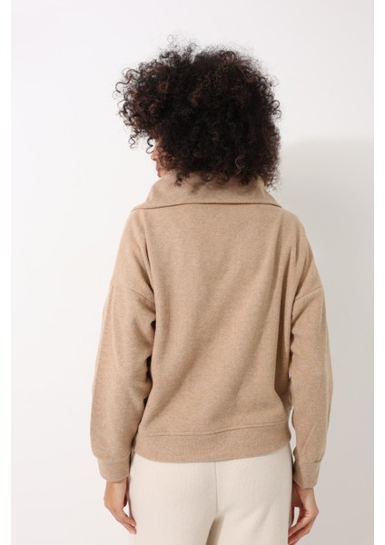 Kamel Selanik Kumaş Şal Yaka Oversize Fermuarlı Kadın Sweatshirt - 2441