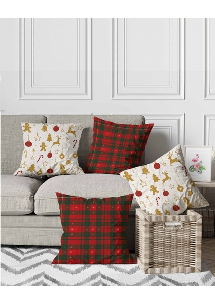 Kırmızı Yeşil Ekose & Altın Noel Desenli Dijital Baskılı 4’lü Kırlent Kılıfı Seti