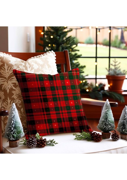 Kırmızı Yeşil Ekose & Altın Noel Desenli Dijital Baskılı 4’lü Kırlent Kılıfı Seti modelleri