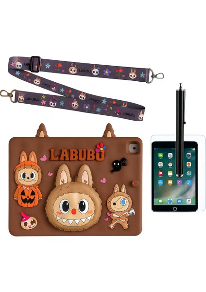 Apple iPad 9.nesil 10.2 Inç A2602 A2604 Askılı Labubu Standlı Kılıf Tablet Kalemi+Kirilmaz Cam