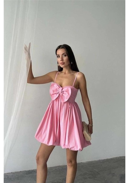 Pembe Önü Fiyonklu Askılı Elbise modelleri