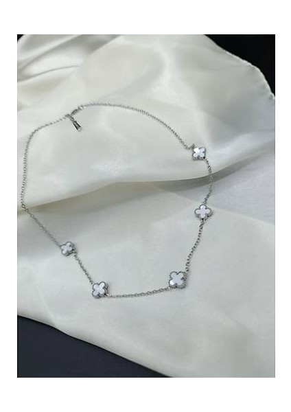 Beyaz Sedef Van Cleef Yonca Model Çelik Kolye