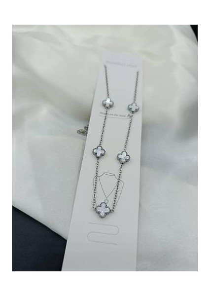 Beyaz Sedef Van Cleef Yonca Model Çelik Kolye fiyatları