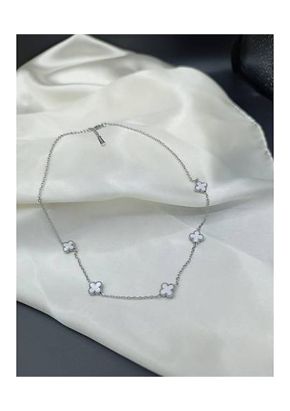 Beyaz Sedef Van Cleef Yonca Model Çelik Kolye modelleri