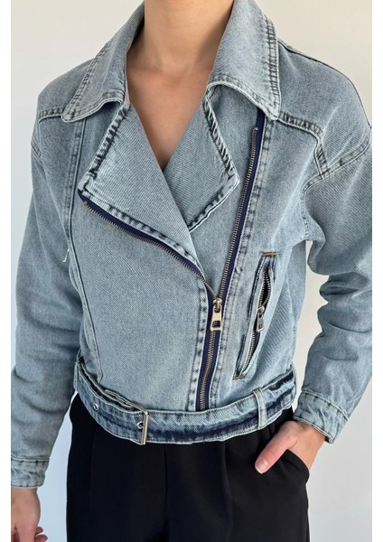 Kadın Kemer Detaylı Ön Fermuarlı Jean Kot Ceket P-00019423 modelleri