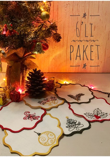 6'lı Nakışlı Sunum Peçetesi Seti – Noel / Yılbaşı Temalı Dekoratif Sunum Peçetesi