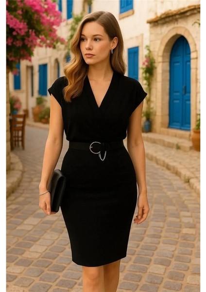 Kadın Kısa Kollu Kruvaze Yaka Krep Elbise (Kemersiz)