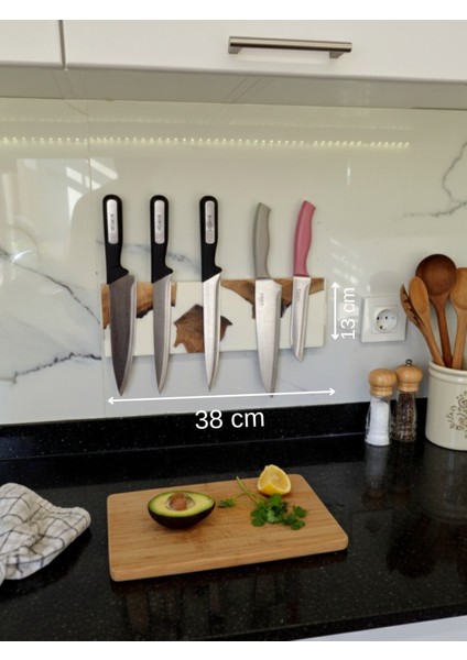 38 cm - Sanatsal Epoksi Mıknatıslı Bıçak Standı – Ahşap Detaylı, Modern Mutfaklara Özel - Epoksi Içinde Ahşap Tasarımlı Manyetik Bıçak Tutucu – Güçlü Mıknatıs, Duvar Tipi