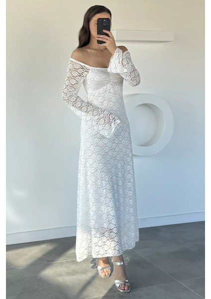 Dantel Detaylı Ispanyol Kol Uzun Elbise P-00019340