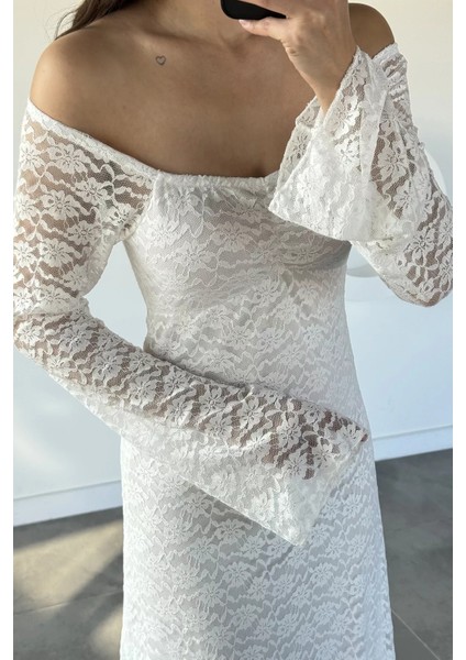 Dantel Detaylı Ispanyol Kol Uzun Elbise P-00019340 fırsatları