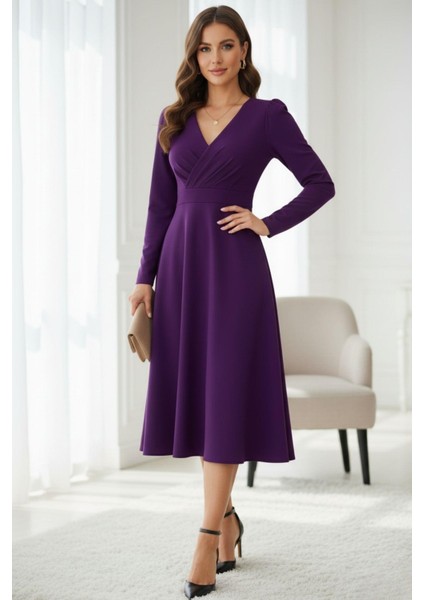 Mor Kruvaze Yaka Uzun Kollu Midi Elbise