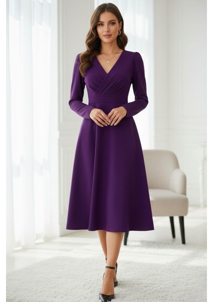 Mor Kruvaze Yaka Uzun Kollu Midi Elbise fiyatları