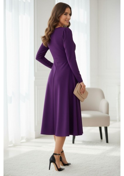 Mor Kruvaze Yaka Uzun Kollu Midi Elbise modelleri