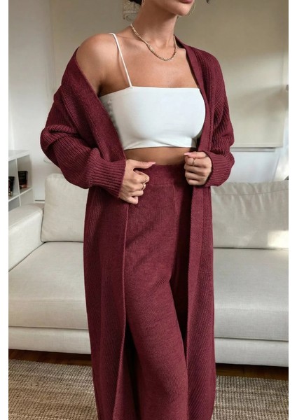 Kadın Bel Lastikli Triko Pantolon Uzun Hırka Ikili Takım P-00019635