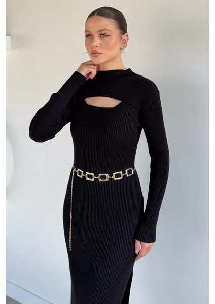 Kadın Göğüs Dekolteli Yırtmaçlı Kolye Aksesuarlı Likralı Triko Elbise P-00019374