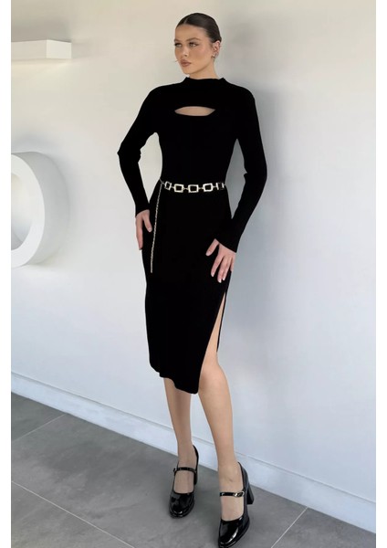 Kadın Göğüs Dekolteli Yırtmaçlı Kolye Aksesuarlı Likralı Triko Elbise P-00019374 fiyatları