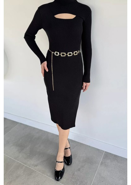 Kadın Göğüs Dekolteli Yırtmaçlı Kolye Aksesuarlı Likralı Triko Elbise P-00019374 modelleri