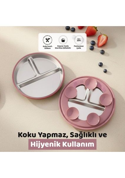 Silikon Kaplı Bebek Tabak, 3 Bölmeli Paslanmaz Çelik Mama Tabağı, Vakumlu, 304 Çelik, Pudra