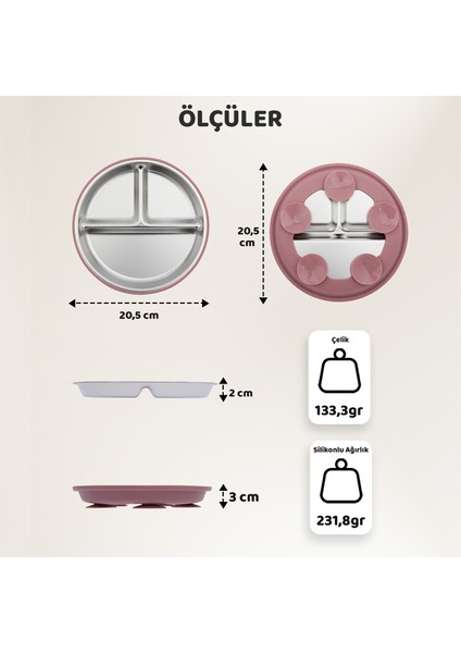 Silikon Kaplı Bebek Tabak, 3 Bölmeli Paslanmaz Çelik Mama Tabağı, Vakumlu, 304 Çelik, Pudra