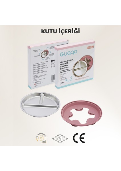 Silikon Kaplı Bebek Tabak, 3 Bölmeli Paslanmaz Çelik Mama Tabağı, Vakumlu, 304 Çelik, Pudra