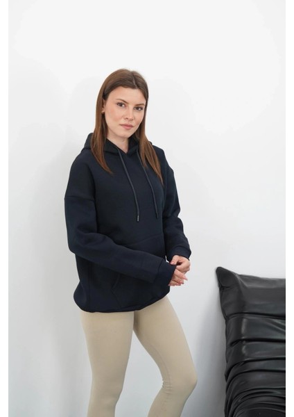 3 Iplik Şardonlu Kapşonlu Swetshirt Lacivert MD63