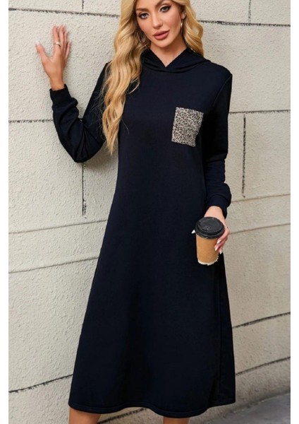 Kapüşonlu Leopar Cep Detaylı Viskon Iki Iplik Elbise - Siyah