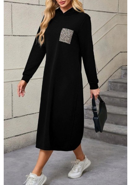 Kapüşonlu Leopar Cep Detaylı Viskon Iki Iplik Elbise - Siyah fiyatları