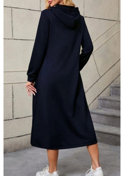 Kapüşonlu Leopar Cep Detaylı Viskon Iki Iplik Elbise - Siyah fırsatları