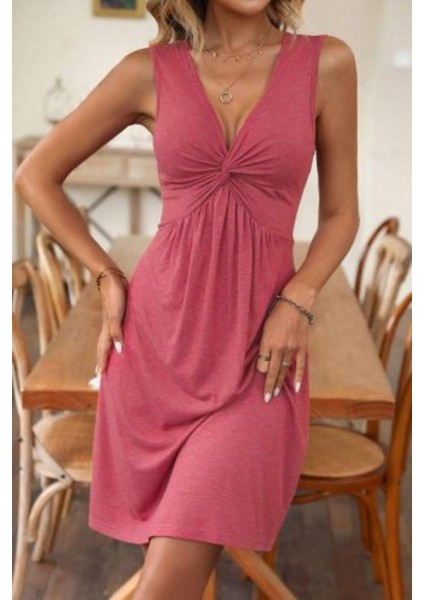 V Yaka Düğüm Detaylı Viskon Elbise - Pembe fiyatları