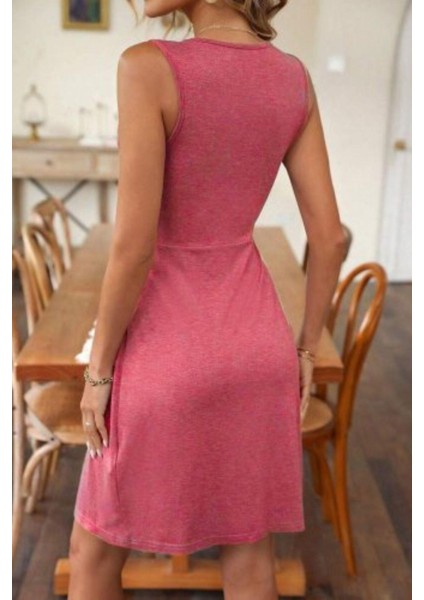 V Yaka Düğüm Detaylı Viskon Elbise - Pembe modelleri