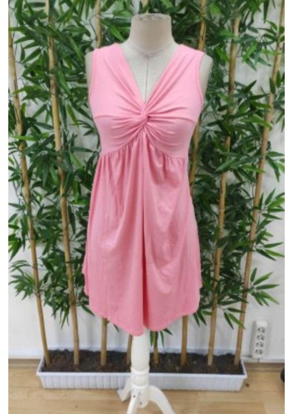 V Yaka Düğüm Detaylı Viskon Elbise - Pembe fırsatları