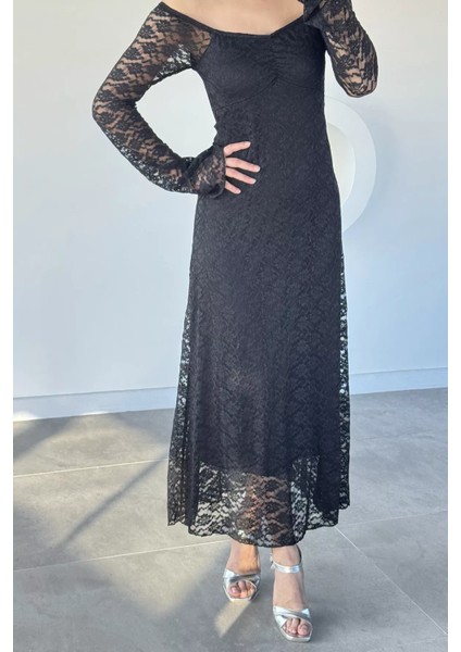 Dantel Detaylı Ispanyol Kol Uzun Elbise P-00019340 fiyatları