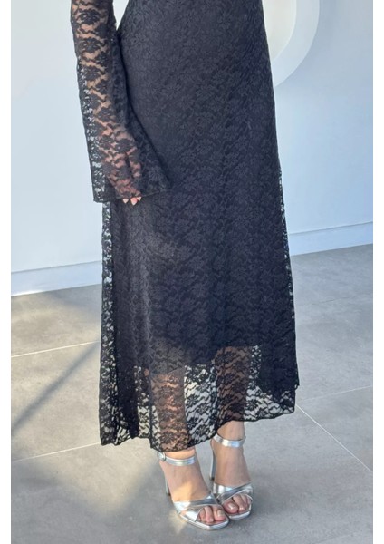 Dantel Detaylı Ispanyol Kol Uzun Elbise P-00019340 modelleri