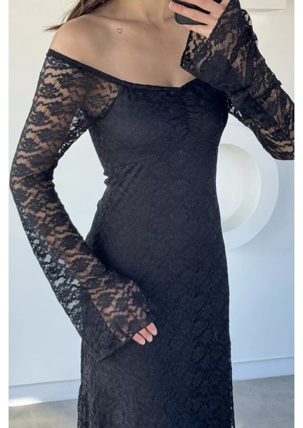 Dantel Detaylı Ispanyol Kol Uzun Elbise P-00019340 fırsatları