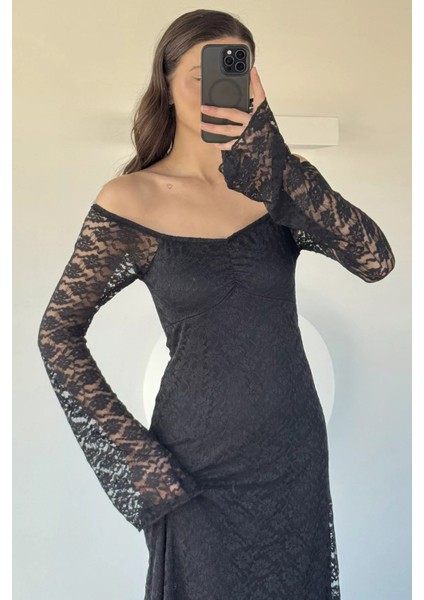 Dantel Detaylı Ispanyol Kol Uzun Elbise P-00019340 indirimleri